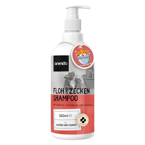 animigo Flohshampoo Hund & Katzen 500ml - Flohmittel mit Teebaumöl - Gegen Zecken, Flöhe & Juckreiz - Alternative zu Flohspray, Zeckenhalsband, Flohkamm - Mit Kokosöl, Mandelöl - Natürliche Zutaten