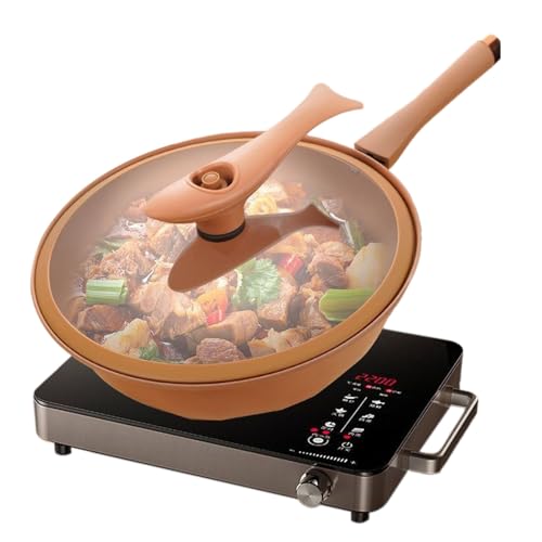 Antihaftbeschichtete Ton-Bratpfanne | Antihaftbeschichteter Terra Zuite Wok mit Dampfkorb | Elektrische Wokpfanne mit Deckel | Chinesischer Wok mit Boden für Induktion | All-in-1-Dämpfen und Kochen