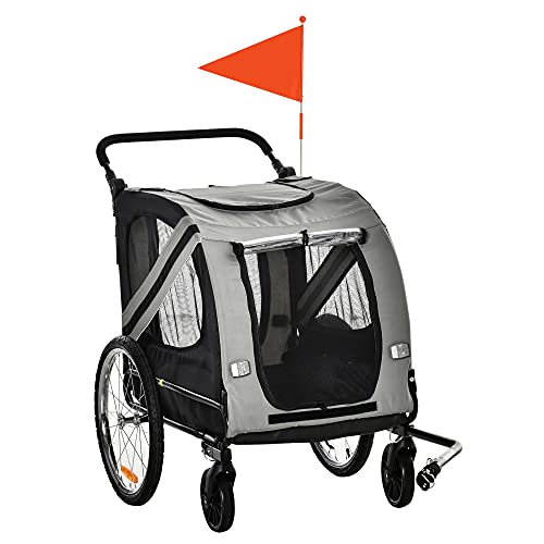 PawHut 2-in-1 Hundeanhänger & Hundebuggy, Hundefahrradanhänger Fahrradanhänger, Hundewagen mit Reflektoren für Mittelgroße Hunde bis 20 kg, Oxford-Gewebe, Grau