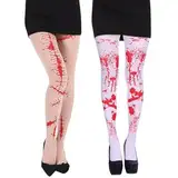 FUIPVGI 2 Paar Halloween Strümpfe Blutige Strumpfhosen Blutige Strumpfhose Halloween Damen Horror Leggings Blutverschmierte Strümpfe Overknee Strümpfe mit Blutspritzern (weiß, hautfarben)