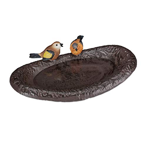 Relaxdays Gusseisen Vogeltränke mit Vogel, Gartendeko, Vogelfutterstelle, Wasserschale für Wildvögel, 24 cm breit, braun