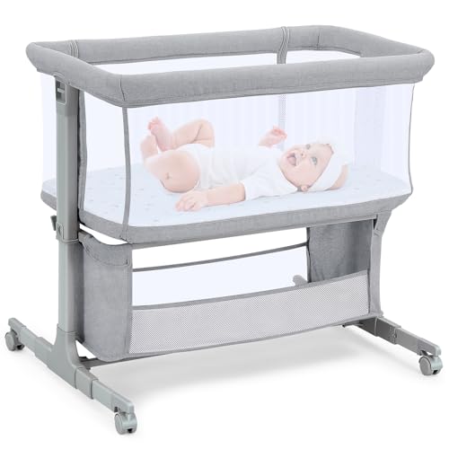 Growaystory Beistellbett Baby Bettseitiger Bassinet für Neugeborene Tragbarer Baby Bett mit Rädern Aufbewahrungskorb Matratze 7-Fach Höhenverstellbar Zustellbett (Hellgrau)