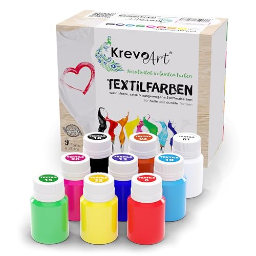 Krevo Art Stoffmalfarben Textilfarben Waschfest | Set aus 9 x 20ml Stofffarben in Fläschchen | Zum Bemalen von verschiedenen Textilien