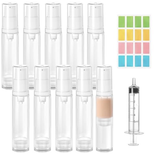 Furuising 10 Stück 10ml Airless Pumpspender, Klein Creme Spender Pumpflasche Leer, Nachfüllbar Cremespender, Vakuum Reiseflaschen zum Befüllen mit Spritzen für Reise Lotionen Shampoo Kosmetik