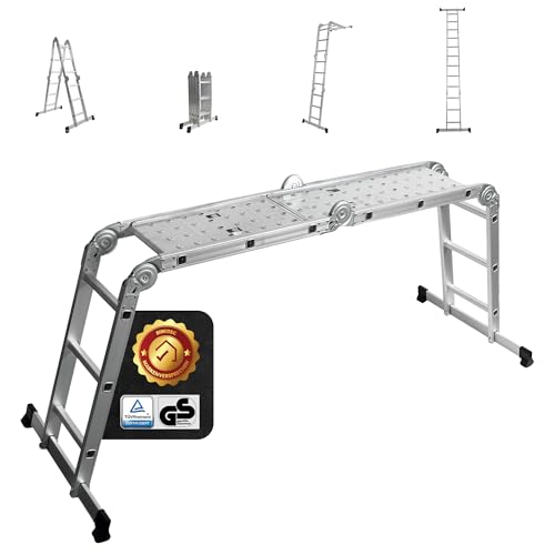 siwitec Mehrzweckleiter 4 x 3 Stufen, Leiter mit 2 Gerüstplatten, Sprossenleiter bis 150 kg, Trittleiter, Aluleiter, Haushaltsleiter, 12 Stufen, TÜV/GS zertifiziert