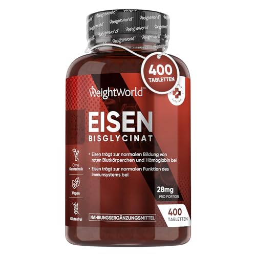 Eisentabletten - 400 Tabletten - Für Immunsystem, Energiestoffwechsel & Blutbildung (EFSA) - Aus Eisenbisglycinat (Eisen Chelat) - 6+ Monate Vorrat - Hoch bioverfügbare Form von Iron - WeightWorld