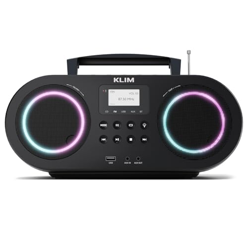 KLIM Boombox B5 Radio mit CD Player + FM Radio, Bluetooth, AUX, USB + NEU + CD Player tragbar mit kabellosem Modus und aufladbaren Akku + CD-Player mit Autosleep, Digital EQ