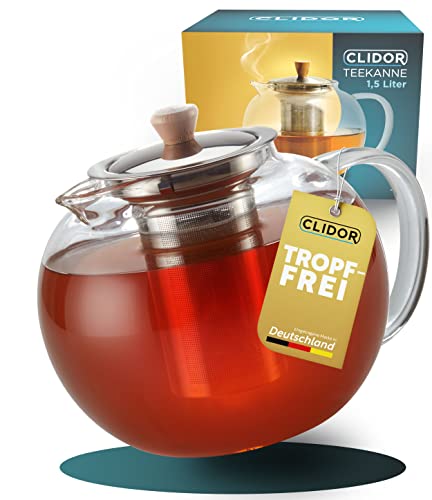 CLIDOR ® - Teekanne mit Siebeinsatz - 1,5 Liter - [ VERSTÄRKTE GLASDICKE ] - Teekanne Glas - verbesserte Konstruktion des Siebeinsatz - Teekanne - Teekanne mit Sieb - robuste Glas Teekanne - Teapot