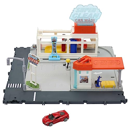 Matchbox Super Clean Autowaschanlage - erweiterbares Spielset mit spannenden Details, inklusive 1 Auto, Staubsauber und Supermarkt, HNJ54