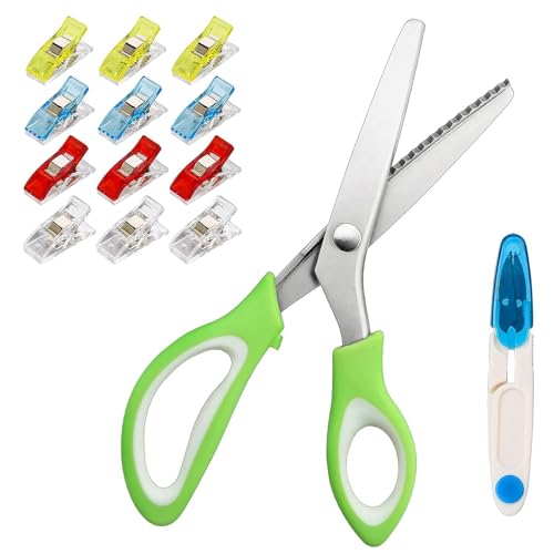 Zackenschere Stoffschere Profi Zick Zack Schere Stoff Set, Edelstahl Rostfrei Gezackte Schneiderschere mit Fadenschere und 12 Stücke Stoffklammern für Stoff, Stark, Basteln, Hobbyschneider