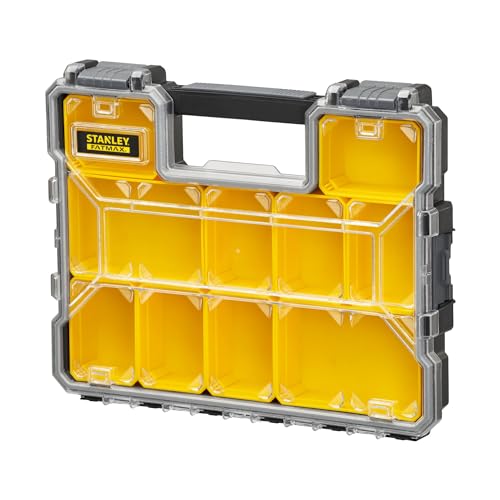 STANLEY FatMax Werkzeug-Profi-Organizer/Werkzeug Organizer (44.6 x 7.4 x 35.7 cm, flache Fächer, mit Klappdeckel und Kunststoffschnallen, 10 herausnehmbare Boxen) 1-97-519