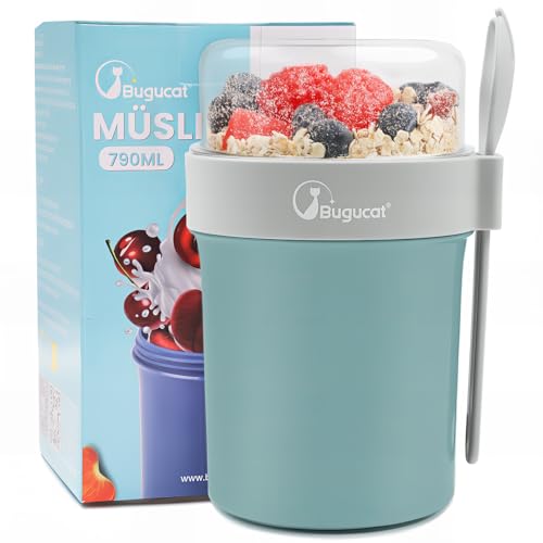 Bugucat Müslibecher To Go 560ML+230ML, Yoghurtbecher To Go mit Löffel und Deckel, Auslaufsicher Müsli To Go Becher mit Soßenbox, Joghurtbecher Müslibecher für Joghurt Haferflocken Salate Obst Blau