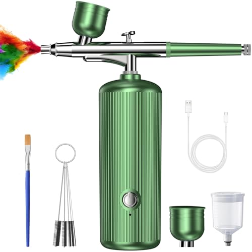 Airbrush Set mit Kompressor, 48PSI Kabellose Spritzpistole mit 0,3mm Düse und Reinigungsbürsten-Set für Graffiti, Tattoos, Nägel, Make-up, Kuchendekoration (Grün)