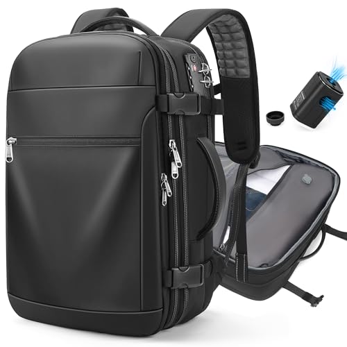 LOKASS Vakuum-Rucksack für unterwegs, Airback Vakuum-Kompressions-Reiserucksack 60L erweiterbar, Reise-Laptop-Rucksack, wasserabweisend, TSA-Schloss, Handgepäck-Rucksack mit Vakuumpumpe, Schwarz