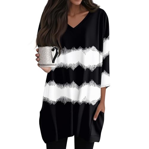 Longshirt Damen 3/4 Ärmel mit Tasche - Oversized Tshirt Lang T-Shirt Sommer Oberteile Vintage-Druck V-Ausschnitt Longbluse Lässig für Leggings Tunika Top,Schwarz,XXL