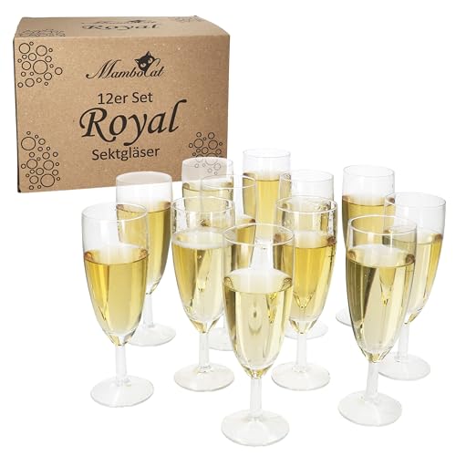 MamboCat 12er Set Royal Sektgläser I 140ml, Höhe 16cm I modernes klares Sektglas mit Fuß I Sektflöte für Prosecco, Champagner & Co I transparente Gläser für Hochzeit, Partys, Geburtstage