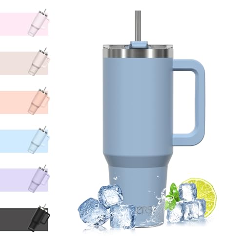 WATERSY 40oz Kaffeebecher to Go Thermobecher Doppelwandiger Edelstahl Vakuum Auslaufsicher Trinkbecher mit Griff und Strohhalm, Tragbare Autobecher Thermo Tumbler Smogblau für Kalte Heiße Getränke