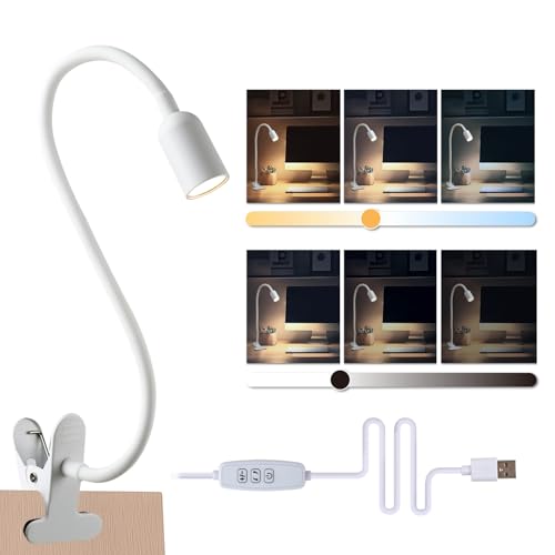 da LIGHT Leselampe Bett Klemme, LED Schreibtischlampe Klemmbar mit 3 Farbtemperaturen, Dimmbare Klemmlampe Bett, USB Tischlampe mit Kabel Weiß für Studieren Lesen Arbeiten