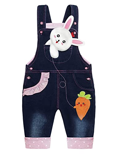 KIDSCOOL SPACE Baby Mädchen Overall, süße Kleinkind 3D Cartoon Bunny Dekor Denim Overall,Blau, 3-4 Jahre