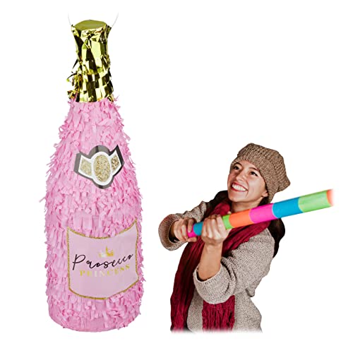 Relaxdays Pinata Sektflasche, Champagner Pinata zum Aufhängen, Geburtstag, Prinzessin, Piñata zum Befüllen, rosa-gold, 1 Stück