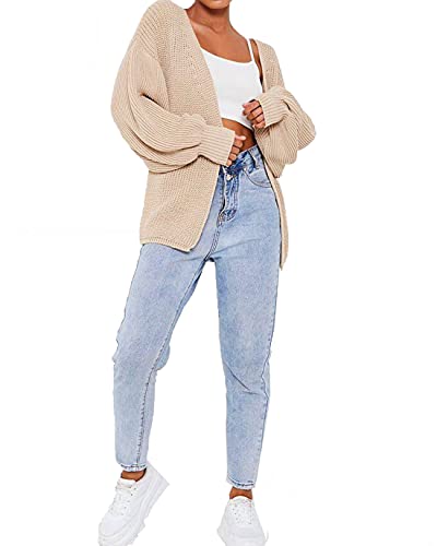 TrendyFashion Damen Strickjacke mit Zopfmuster, Ballon-Ärmel, übergroße Partykleidung, stone, 42-44