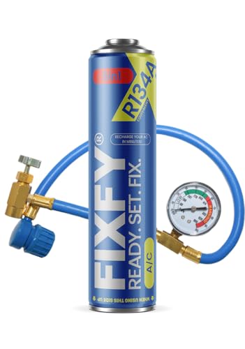 FIXFY 5in1 - Kältemittelersatz R134a mit Öl, Trockner, Dichtmittel, Gas und UV-Farbstoff - Set mit Schlauch und Manometer, 500 ml Dose, zum Selbstbefüllen der Klimaanlage in Autos von 1995-2016