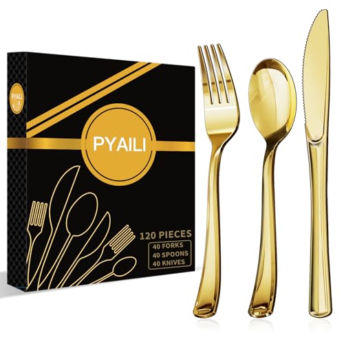 PYAILI 120 Gold Kunststoff Besteck Set, Wiederverwendbares Gold Kunststoff Besteck Set, Strapazierfähige Utensilien, Gold Besteck, 40 Kunststoff Gabeln, 40 Kunststoff Löffel, 40 Kunststoff Messer