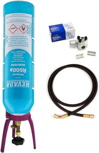 Reparatur-Set für Kühlschrank / Gefrierschrank / Weinkühlschrank mit Flasche R600a 420 g + Auslaufhahn 1/4" M + Schlauch mit Nadelstift + Kupferrohr + Halterung