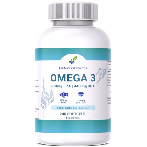 Omega 3 2000 mg | 240 Kapseln | Hohe Konzentration von 660 mg EPA und 440 mg DHA. Fischöl für Cholesterin, Herz-, Gehirngesundheit und Blutdruck | 4 Monate | ProNatural Pharma