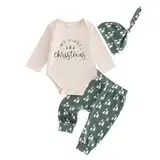 Baby Unisex Weihnachten Beikleidungsset My First Christmas Outfit Langarm Christmas Strampler+Hosenträger Hose+Hut 3 Teiliges Weihnachtsoutfit Weiche Weihnachten Babyset (Beige, 3-6 Months)