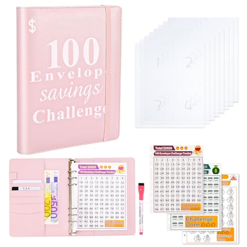 patinadrift 100 Envelope Saving Challenge, A5 Geldsparmappe Geld Organizer Haushaltsbuch mit Geldfächer und 3 Stück Karten,1 Aquarellstift Sparen 5050€ Geldspar-Herausforderung für Zuhause,Schule