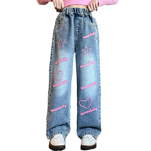 Generisch Jeans Mädchen Baggy Jeans Elastischer High Waist Cargohose Liebesdruck Denim Wide Leg Cargo Pants Hosen Mit Taschen Stretch Vintage Streetwear Y2k Jeans Kinder Jeanshose