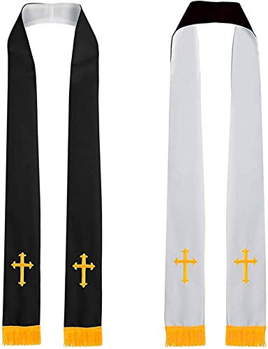 GraduatePro Klerus Stola Reversible mit Corss Figur Stickerei Quasten 229cm Unisex Chor Priester Schwarz Weiß