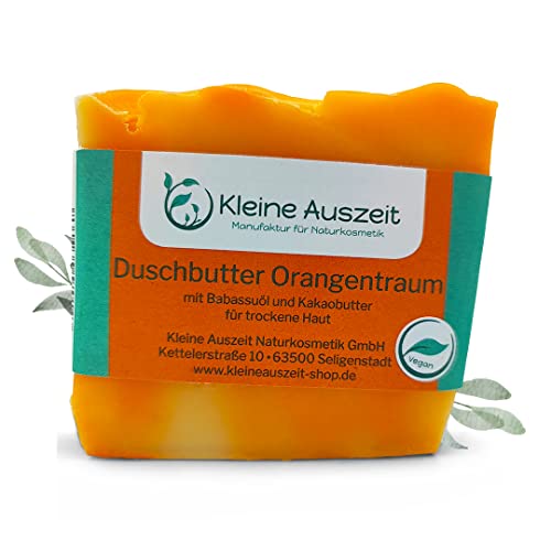 Kleine Auszeit Manufaktur, Duschbutter Orangentraum, reichhaltige Körperseife für trockene Haut, vegan, palmölfrei und plastikfrei, 90 g