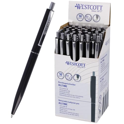 Westcott Kugelschreiber ALLTIME Schwarz 50 Stück | Vorteilspack Druckkugelschreiber mit schwarzer Tinte | Strichstärke M X20 Standardmine | Dokumentenecht ISO 12757-2 | Metallclip | E-737470 00