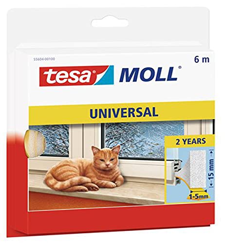 tesamoll Universal Schaumstoff - Schaumstoffdichtung zum Isolieren von Spalten im Haushalt, selbstklebend - Weiß - 6 m x 15 mm x 5,5 mm