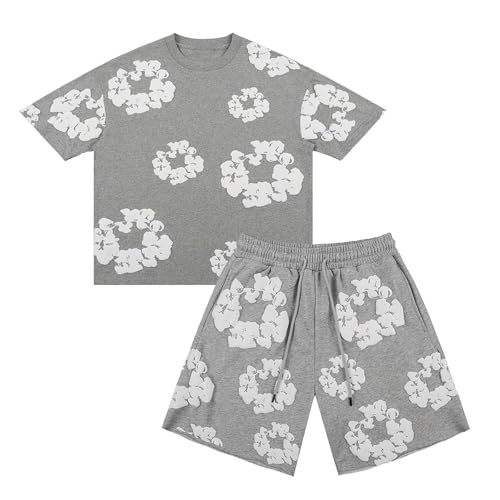2-Teilig DT Tracksuit für Jungen, Sommer Outfit T-Shirt und Shorts Set, Jungen2 Teiliges Y2K Hip Hop Kurzarm T-Shirts und Hose Trainingsanzug Jogginganzug Sportanzug Tracksuit mit Blumen