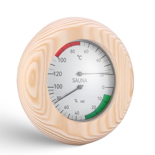 Sauna Thermometer Hygrometer Holz, 2-in-1-Thermometer und Hygrometer mit hoher Genauigkeit, rundes Feuchtigkeitsmessgerät aus Holz, Saunazubehör für Dampfbad, Saunaraum