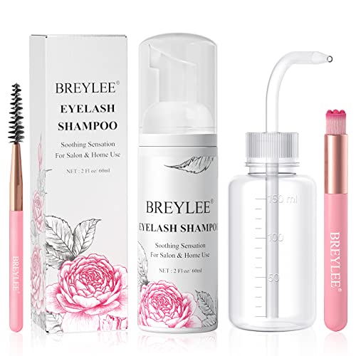 Wimpernverlängerung Shampoo 60ml + Rinse Bottle + Pinsel + Mascara Wand Augenlid Wimpernshampoo, BREYLEE Lash, Paraben & Sulfat frei, Make-up-Reinigungsschaum, Salon und Zu Hause verwenden