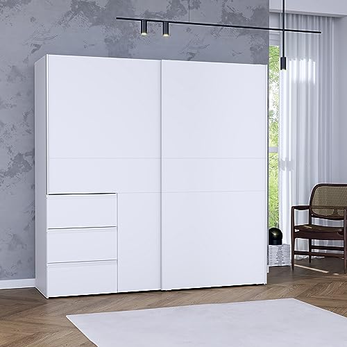 FORTE WINN 2 Schrank, weißer Kleiderschrank, Schlafzimmerschrank, Schwebetürenschrank Weiß mit Schubladen, 200 cm breit x 200 cm hoch x 61,2 cm tief