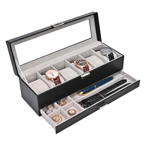 ProCase Uhrenbox mit 6 Fächern，Uhrenkasten mit Glasdeckel, 2 Ebenen, Uhrenkoffer mit herausnehmbaren Uhrenkissen, Uhrenschatulle für Schmuck, Ringe, Armbänder und Halsketten -Schwarz