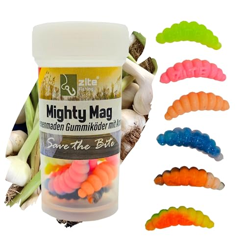 Zite Fishing Mighty Mag Neon Mix 12 STK - Schockfarben Forellen-Köder 2,8cm - Bienenmaden-Imitat – Gummiköder UV-Aktiv & Phthalatfrei – Neon Knoblauch