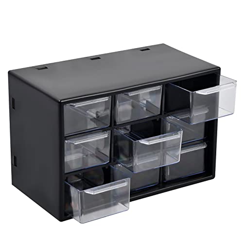 FESSOSKO 9 Schubfächern Aufbewahrungsbox Sortierkasten 18x12x10cm aus Kunststoff, für Kleinteilemagazin Werkzeug Schrauben zum Aufbewahren, Geeignet für Wandmontage (Schwarz)
