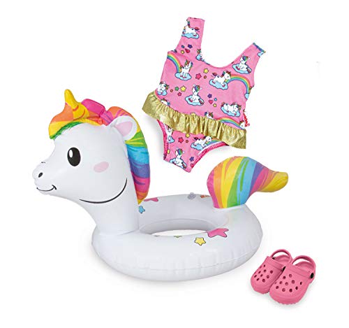 Heless 66 - Schwimm-Set für Puppen, 3 teilig, Motiv Einhorn Henri, Badeanzug, Clogs und Schwimmring, Größe 35 - 45 cm, für Badespaß an heißen Sommertagen, Rosa