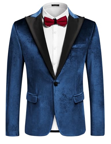 COOFANDY Herren-Samt-Blazer mit spitzem Revers, Smokingjacke, Einknopf, Velours, Anzugjacke für Hochzeit, Abschlussball, Party, Abendessen, Marineblau, L