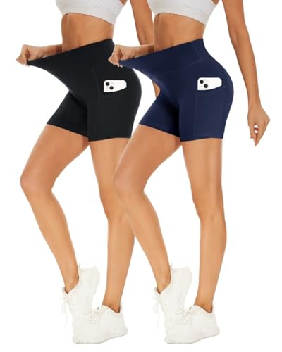 Missluck 2er Pack Radlerhose Damen Hohe Taille Kurze Sporthose Shorts Sommer Leggings Blickdicht Hotpants Unter Kleider für Yoga Sport, S-M, Schwarz/Marineblau-mit Taschen