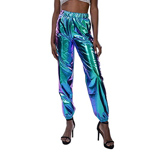 Damen Metallic Hose Glänzend Wetlook Cargohose Sporthose 80er Jahre Kleidung 90er Jahre Outfit Hologramm Hip Hop Leggings Jogginghose Sweathose Tanzhosen Party Disco Nachtclub Clubwear Blau L