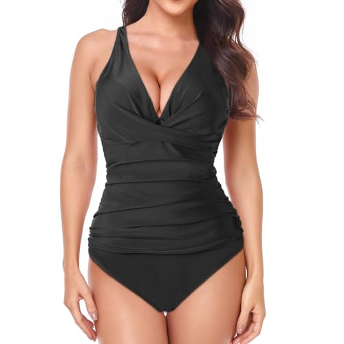 HOTUT Damen Bauchweg Bademode, V Ausschnitt Badeanzug, Einteilige Bademode, bauchweg Push up Swimsuit, Monokinis, high Waist Sport Schwimmanzug