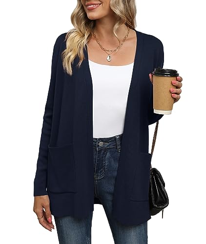 Yommay Strickjacke für Damen Elegante locker lässig leichtes Frauen Herbst Langarm Pullover mit Taschen,Marineblau,XXL