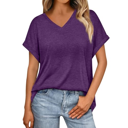???? ???????? Unter 10 ????, Top Damen Kurzarm Oversize Shirts Sommer Party V Ausschnitt Tailliert Hemdes Schlichte Baumwolle Casual T Shirt 2000S Clothes Lila XL